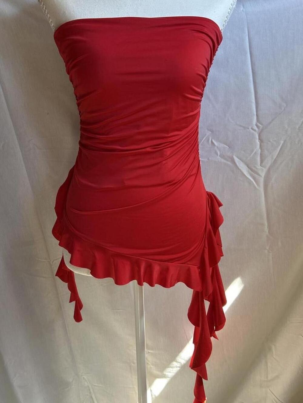 Womens Red Ruched Asymmetrical Ruffle Tube Top Thirty/Thirty L/A Size M